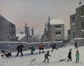 TOM DODSON ARTIST SIGNED COLOUR PRINT Frozen lake busy with skaters Signed in pencil lower right