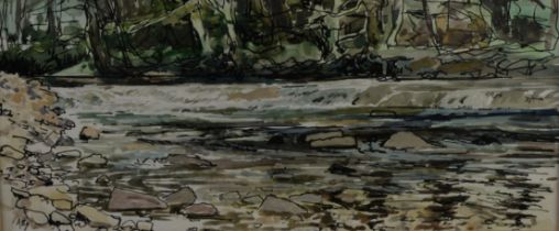 ALBERT OGDEN (1928 - 2022) PEN AND WASH DRAWING River at Wray Initialled lower left and titled to