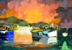 D'OYLY-JOHN OIL PAINTING ON CANVAS 'Sunrise at Cannes Harbour French Riviera' signed bottom left and