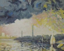 G. HUTCHINSON GOUACHE DRAWING Estuary scene with sail boats, industrial city in the background