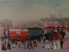 HELEN BRADLEY ARTIST SIGNED COLOUR PRINT WITH BLIND STAMP 'Big Bertha arriving at Lees, Oldham'