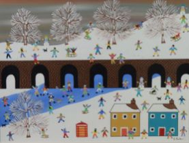 GORDON BARKER (CONTEMPORARY) ACRYLIC ON PAPER Winter landscape with numerous figures at play in