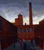 ROGER HAMPSON (1925 - 1996) OIL PAINTING ON BOARD 'Gilnow Mill, Bolton' with figures in foreground