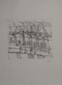T HODGSON BLACK AND WHITE ETCHING Panoramic suburban street scene with figures and parked cars