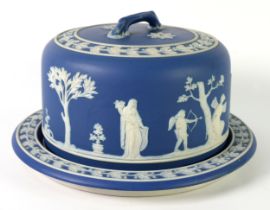 POST 1891 WEDGWOOD DARK BLUE JASPERWARE CHEESE BELL ON STAND, sprigged in white relief with