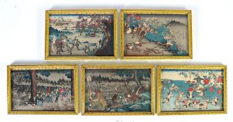 SET OF FIVE MEIJI PERIOD SMALL WOODBLOCK PRINTS featuring anthropomorphic animals in landscape