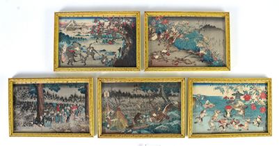 SET OF FIVE MEIJI PERIOD SMALL WOODBLOCK PRINTS featuring anthropomorphic animals in landscape