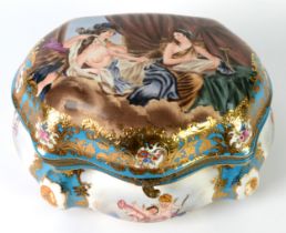 TWENTIETH CENTURY CONTINENTAL PORCELAIN CARTOUCHE-SHAPE BOX METAL MOUNTED WITH HINGED COVER, the