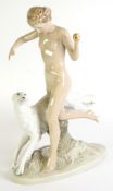 ROYAL DUX CHINA GROUP OF NUDE FEMALE FIGURE, running along side a dog, on oval base 14 1/4" high (