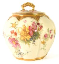 LATE VICTORIAN ROYAL WORCESTER PORCELAIN LOBATED COVERED BOWL, transfer printed with flowers on an