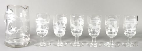 EARLY TWENTIETH CENTURY GLASS LEMONADE SET of JUG and SIX STEM GLASSES, each wheel engraved with FOX