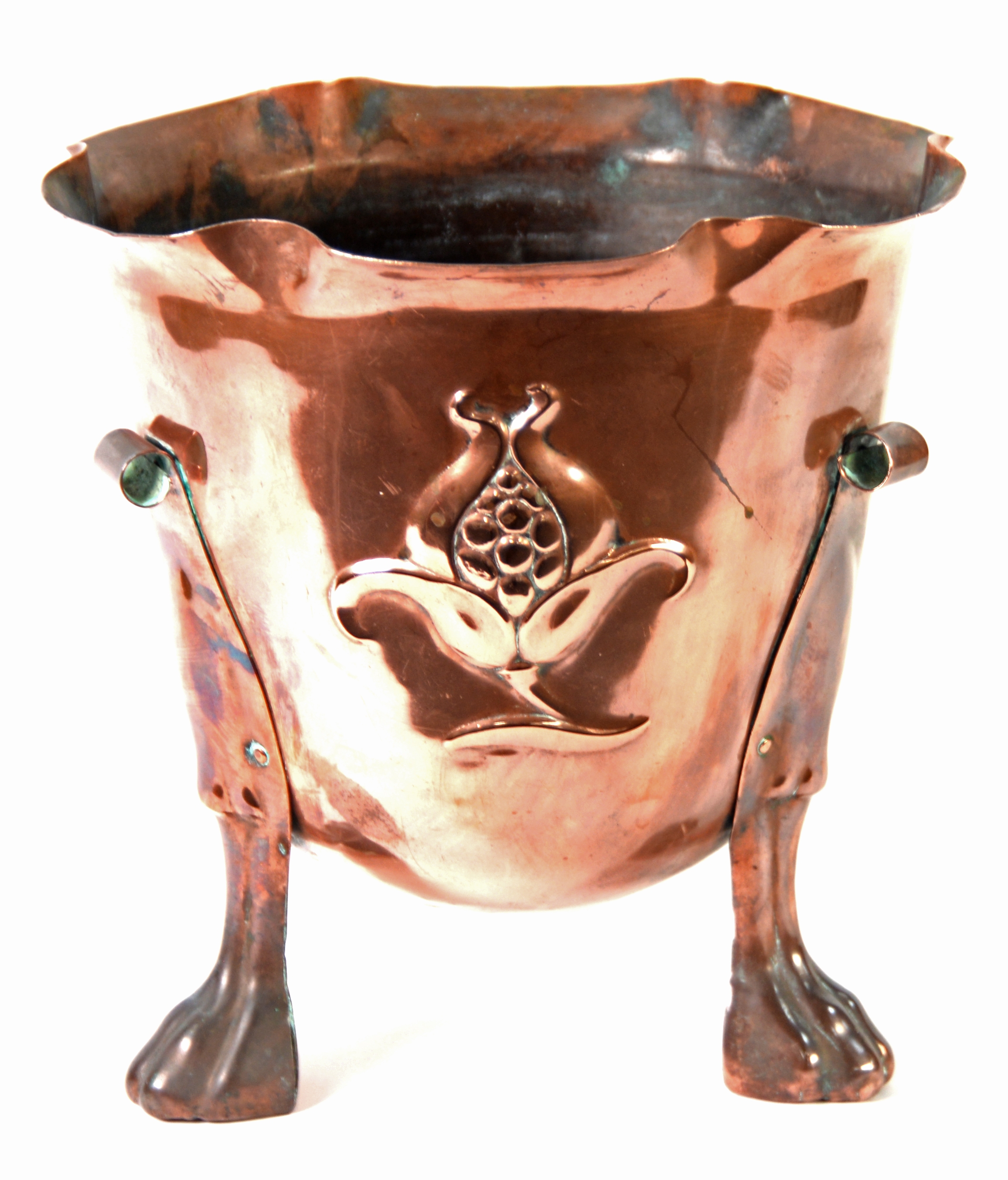 EARLY TWENTIETH CENTURY ARTS & CRAFTS COPPER JARDINIERE the 'U' shape bowl with crimped rim, - Image 2 of 2