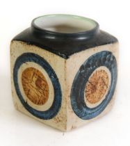 TROIKA: A Troika cube vase with target decoration to the faces, signed Troika St Ives and