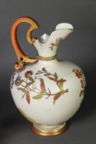 LATE VICTORIAN ROYAL WORCESTER CHINA LARGE EWER, of footed form with moulded high scroll handle,