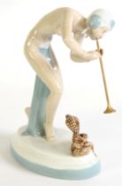 ROYAL DUX CHINIA SEMI CLAD FEMALE FIGURE, SNAKE CHARMER, with coiled snake on the oval base 8 1/4"