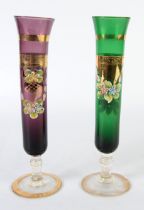 PAIR OF ITALIAN COLOURED GLASS TALL, SLENDER SPECIMEN VASES, gilt decorated and applied with ceramic