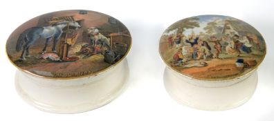 TWO VICTORIAN POMADE POTS WITH COLOUR-PRINTED LIDS, one titled 'Country Quarters' (cracked), the
