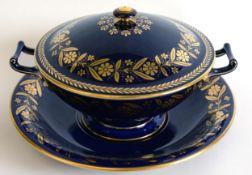 SEVRES, FRENCH PORCELAIN TWO HANDLED CIRCULAR BOWL, with cover and dish stand, with gilt floral