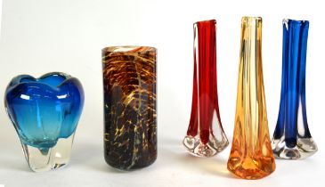 WHITEFRIARS: Three Geoffrey Baxter for Whitefriars tricorn vases in ruby, amber and kingfisher blue,
