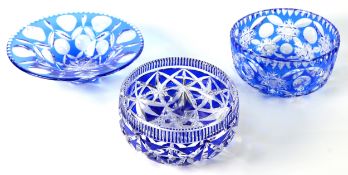 THREE TWENTIETH CENTURY CUT GLASS and SAPPHIRE BLUE FLASHED BOWLS (3)