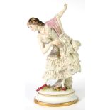 LATE 19th CENTURY LARGE DRESDEN CHINKA LACE FIGURE OF A FEMALE BALLET DANCER, in an elegant