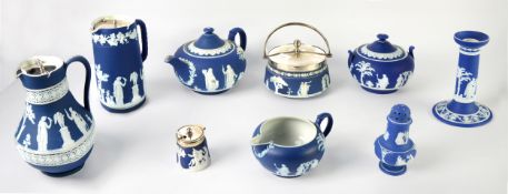 SELECTION OF POST 1891 WEDGWOOD DARK BLUE JASPERWARE variously sprigged in white relief with