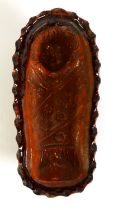 19th CENTURY AUSTRIAN TERRA COTTA TERRINE MOULD, with brown glazed interior, 11 1/2in (29cm) long