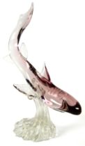 VINTAGE MURANO GLASS MODEL SHARK clear and PUCE tinted, 17 ¾" (45cm) high