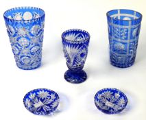 THREE TWENTIETH CENTURY CUT GLASS and SAPPHIRE BLUE FLASHED VASES, also TWO SIMILAR PIN TRAYS (5)