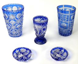 THREE TWENTIETH CENTURY CUT GLASS and SAPPHIRE BLUE FLASHED VASES, also TWO SIMILAR PIN TRAYS (5)