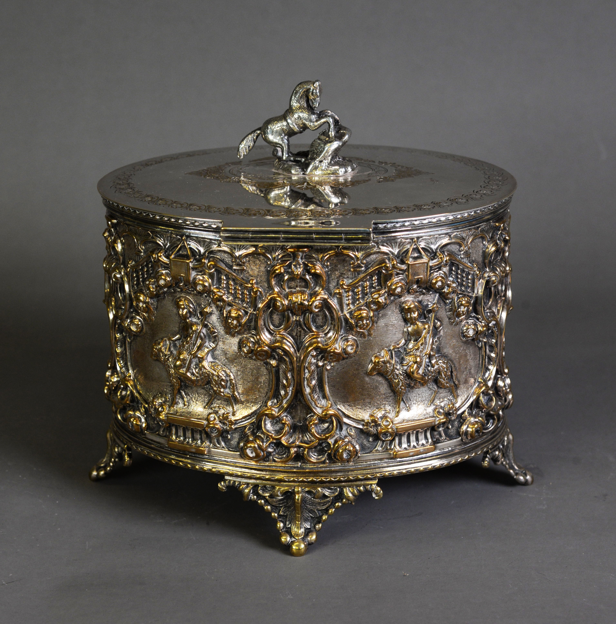 IMPRESSIVE VICTORIAN ELECTROPLATED BISCUIT BARREL, of oval form with acanthus capped feet and - Image 6 of 7