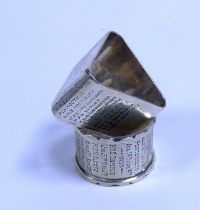 EDWARDIAN SILVER, BROAD TRIANGULAR NAPKIN RING, engraved R.E. Chilcott and with the names of