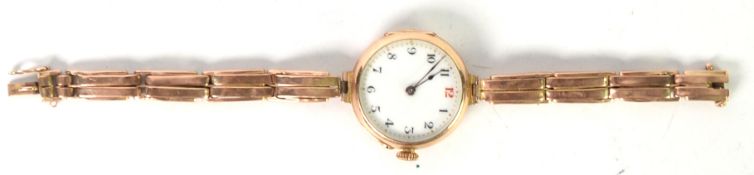 LADY'S DREADNOUGHT, SWISS 9ct GOLD WRISTWATCH with 15 jewels movement, white porcelain arabic