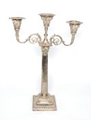 ELECTROPLATED THREE LIGHT, TWIN BRACNCH CANDELABRUM, of Corinthian column form with square base, the