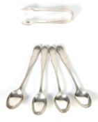 PAIR OF VICTORIAN SILVER SMALL SUGAR TONGS, Sheffield 1895 and a SET OF FOUR SILVER TEASPOONS,