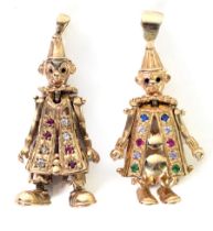 TWO 9ct GOLD ARTICULATED FIGURES of clowns, as pendants, paste set, 1 ½” (3.5cm) high, excluding the
