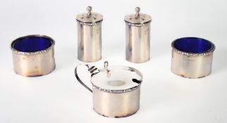 SILVER CONDIMENT SET OF FIVE PIECES, plain cylindrical with embossed egg and dart borders, viz a