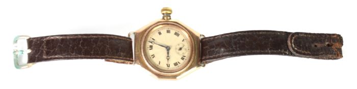 GENTS VINTAGE GOLD WRISTWATCH with mechanical movement circular silvered roman dial with