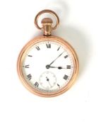 SWISS ROLLED GOLD OPEN FACED POCKET WATCH with keyless movement, white roman dial with subsidiary