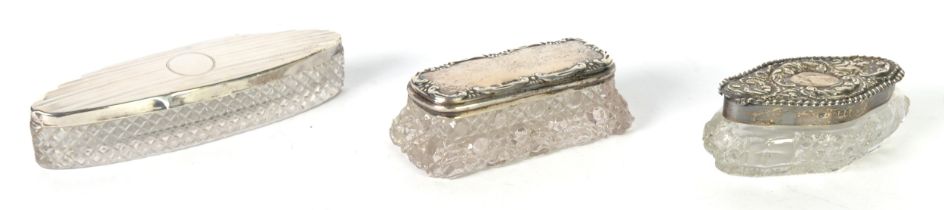 THREE CUT GLASS DRESSING TABLE PIN BOXES WITH PULL-OFF SILVER COVERS, 1.13ozt, (3)