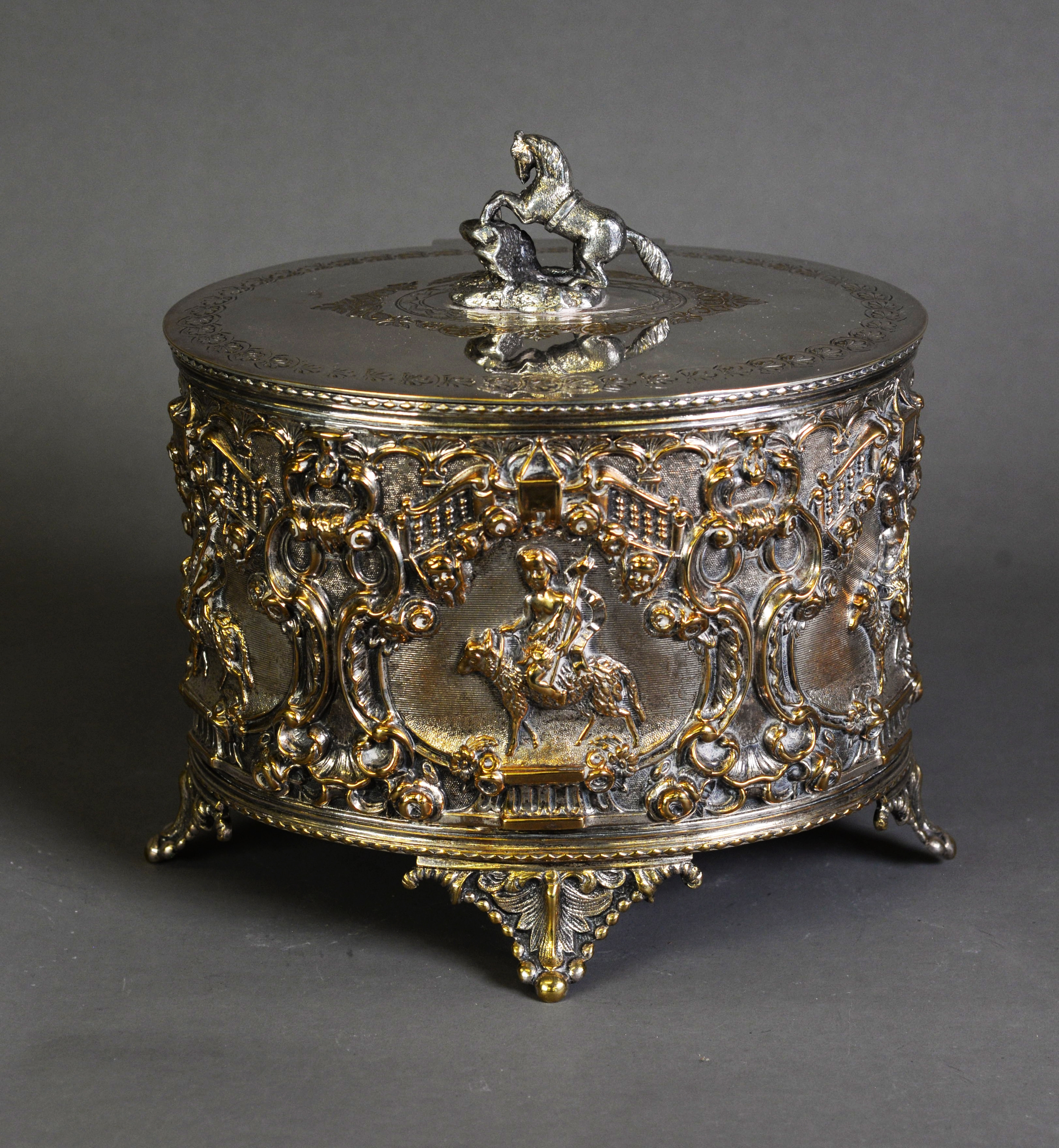 IMPRESSIVE VICTORIAN ELECTROPLATED BISCUIT BARREL, of oval form with acanthus capped feet and