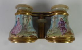 FINE PAIR OF OPERA GLASSES, gilt brass with mother of pearl eye pieces, the bodies enamelled with