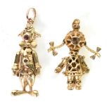 TWO 9ct GOLD ARTICULATED FIGURES of a clown and a girl with plaits, as pendants, paste set,
