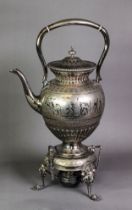 VICTORIAN ENGRAVED ELECTROPLATED LARGE SPIRIT KETTLE ON STAND WITH BURNER, of part fluted form