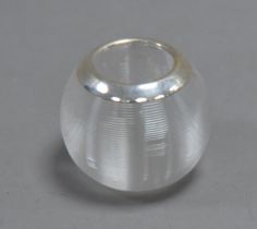 VICTORIAN GLOBULAR AND RIBBED GLASS MATCH STRIKE AND HOLDER WITH SILVER COLLAR, 1 ¾” (4.4cm) high,