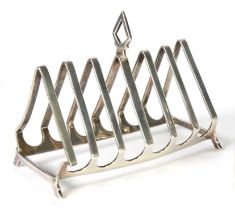 SILVER ART DECO SIX DIVISION TOAST RACK, with seven triangular dividers, one with diamond shaped