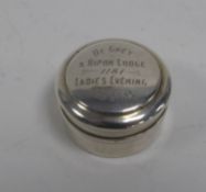 SILVER SMALL CIRCULAR PILL BOX, with pull-off lid, engraved 'De-Grey & Ripon Lodge 1161 Ladies