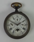 LARGE GUN METAL CASED OPEN FACED POCKET watch with key wind movement, white roman dial with centre