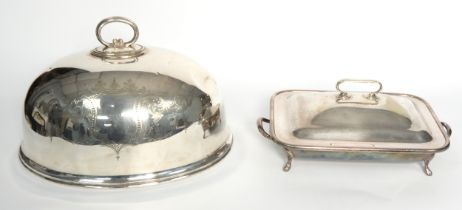 ELECTROPLATD MEAT DOME, with top handle and foliate scroll decoration outlining the vacant