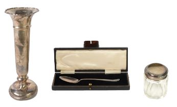 THREE PIECES OF SILVER, comprising: CASED CHILD’S SPOON, Sheffield 1930, TRUMPET VASE, 6 ½” (16.5cm)